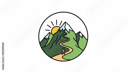 This circular flat-line vector features a lone hiker journeying along a winding trail toward majestic, snow-capped green mountains. A vibrant yellow sun rises behind the peaks, creating an optimistic 