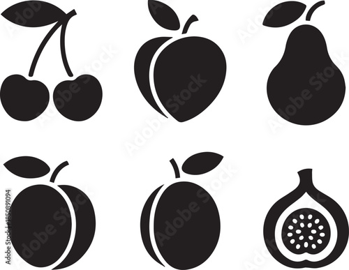 Set of fruit silhouettes, black and white vector illustration of assorted fruits, isolated collection for food, nutrition, and healthy lifestyle concepts