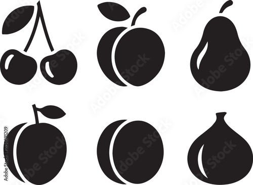 Set of fruit silhouettes, black and white vector illustration of assorted fruits, isolated collection for food, nutrition, and healthy lifestyle concepts