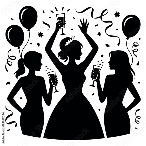 Silhouette of three women celebrating a party or bachelorette event with champagne glasses, balloons, and confetti