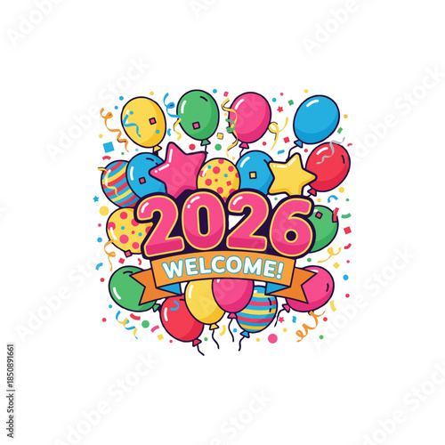 Happy New Year 2026 celebration with colorful balloons and confetti, welcoming the new year with joy and excitement.