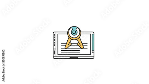 Professional technical drawing icon featuring a digital drafting compass positioned over a tablet or blueprint screen. Minimalist line art illustration with teal and yellow accents.