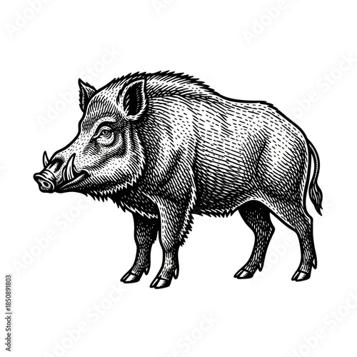 Detailed Engraving of a Wild Boar with Prominent Tusks.