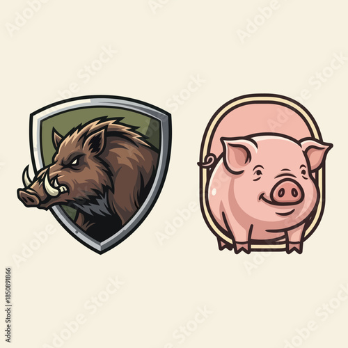 Boar and Pig Cartoon Illustration - Wild vs Domestic Animals.
