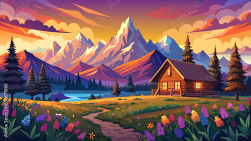 Very beautiful sunset scene in Grand Teton National Park, featuring wildflowers, a rustic cabin, and glowing mountain peaks that create a warm and peaceful western landscape.