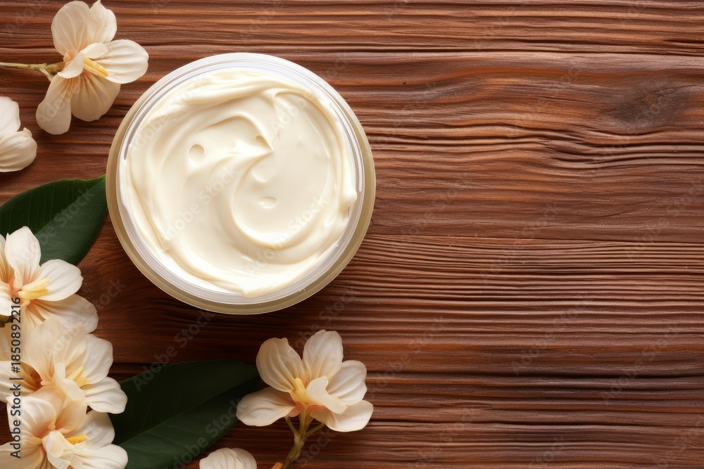 Fototapeta premium Moisturizing cream in a jar surrounded by flowers on a wooden table, promoting natural skincare and beauty products