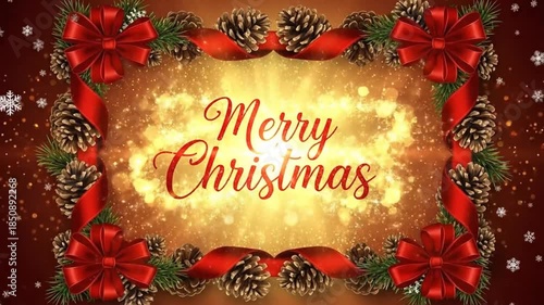 Festive Merry Christmas greetings with pine cones, ribbons, and snow for a warm holiday season