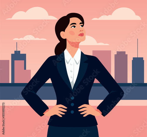A confident, powerful businesswoman in a suit looks up, hands on hips. Vector illustration for Women's Day cards, women's rights, empowerment, corporate materials, motivational posters, presentations