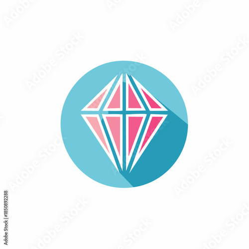 Diamond icon with pink facets on a blue circle background with a shadow.