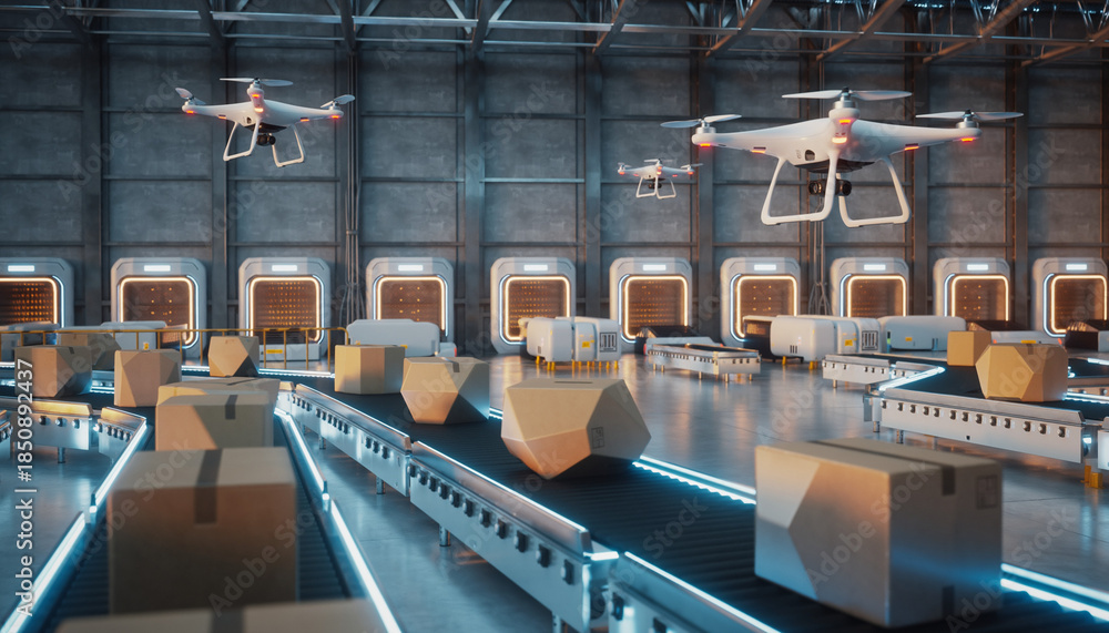 Fototapeta premium Futuristic Automated Logistics Hub with Cargo Drones and Robotics