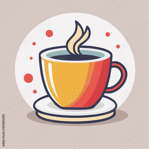 Illustration of a steaming cup of coffee on a saucer with a circular background.