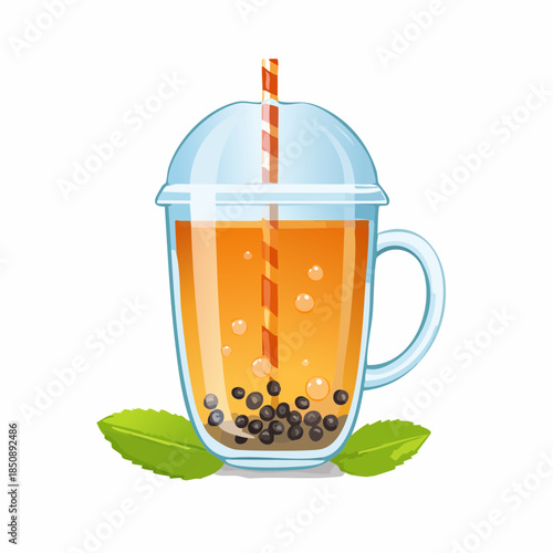 Illustration of a bubble tea drink with tapioca pearls and a straw.