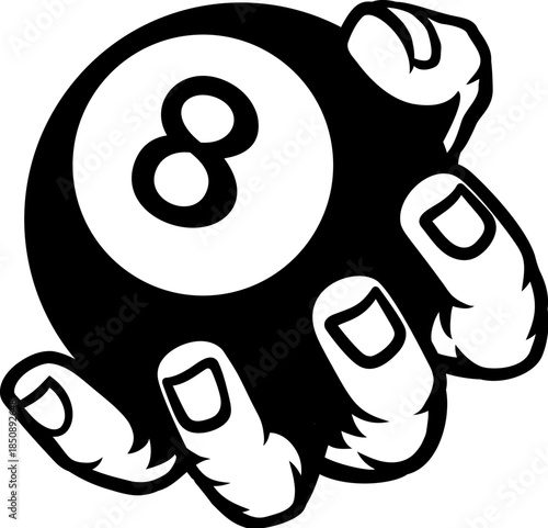 A mascot person hand or fist holding a pool or billiards 8 billiard black ball