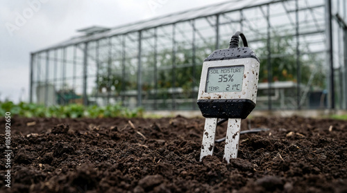 A soil moisture meter is inserted into the soil, displaying a reading of 35% moisture and a temperature of 21 degrees Celsius. A greenhouse is visible in the background.