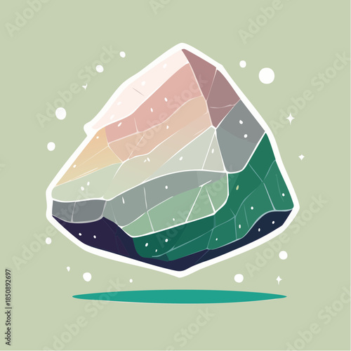 Illustration of a multi-colored crystal or gemstone with a white outline on a light green background.