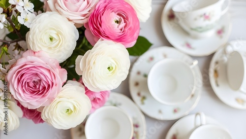 Elegant floral arrangement with vintage teacups and saucers, delicate pink and white flowers