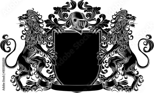 Lions coat of arms or crest family heraldry medieval heraldic knight shield with helmet and acanthus filigree scroll ornament in a vintage woodcut style.