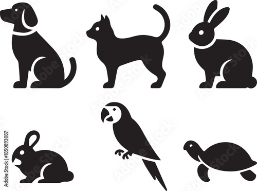 Set of animal silhouettes, black and white vector illustration of wild and domestic animals, isolated collection for wildlife, nature, and design concepts