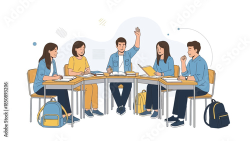 group of students engaging in classroom discussion with one raising hand to answer question