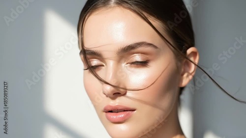 Beauty and skincare advertisement featuring a model with flawless skin and natural makeup to