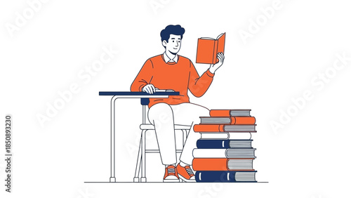 Student Reading and Studying with a Large Stack of Books in a Classroom Setting