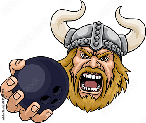 A Viking man holding Bowling ball sports team cartoon charcater mascot illustration.