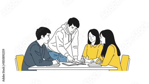 Group of young adults collaborating and discussing project ideas during a team meeting in a