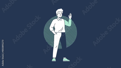 Minimalist Digital Illustration of a Man with Hand Raised in Greeting or Sign Language