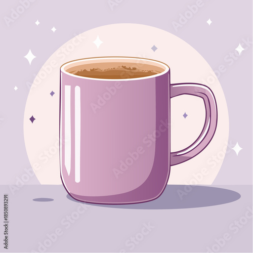 Illustration of a purple mug filled with a brown liquid, possibly coffee or tea.