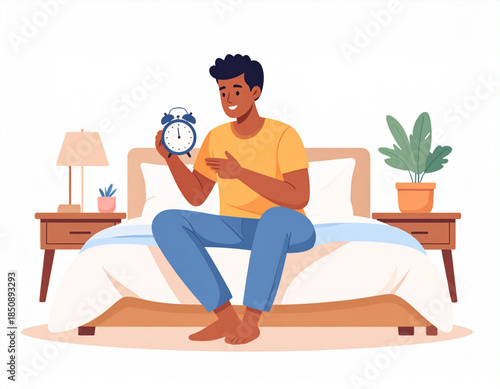 A smiling young man sitting on his bed, holding and looking at a classic alarm clock.