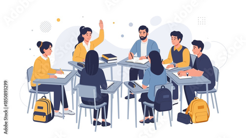 Young diverse group of students participating in a classroom discussion with a female teacher