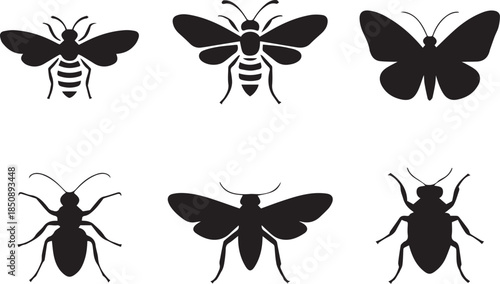 Set of insect silhouettes, black and white vector illustration of various insects, isolated collection for nature, biology, and wildlife concepts