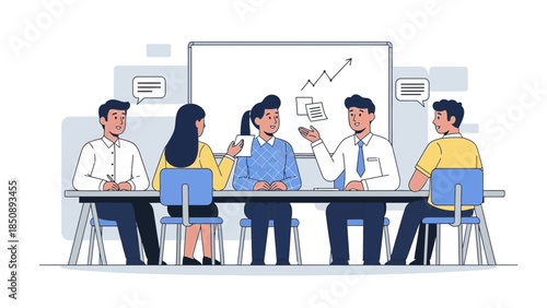 Business Meeting in a Professional Conference Room with Five People Discussing Data and Strategies