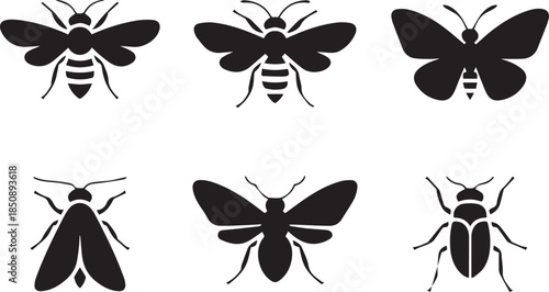 Set of insect silhouettes, black and white vector illustration of various insects, isolated collection for nature, biology, and wildlife concepts