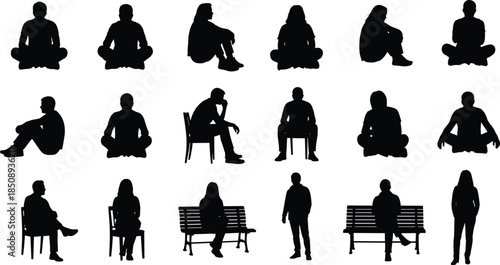 Collection of black human silhouettes, sitting on chairs, benches, and floor in diverse poses, isolated on white background
