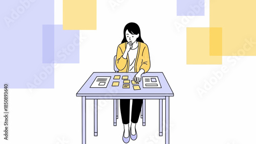 illustration of a woman sitting at a desk with thoughtfulness focused on planning and organization