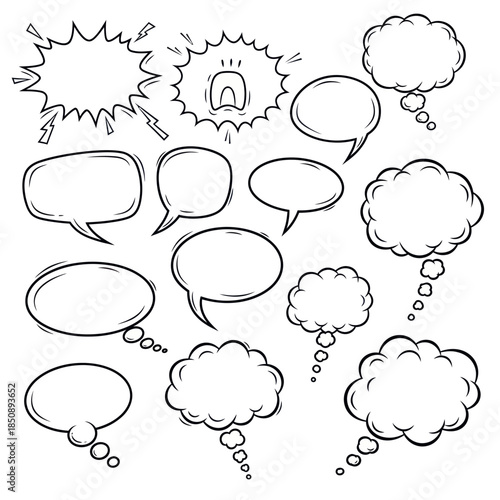 Collection of HandDrawn Speech Bubbles and Thought Clouds.