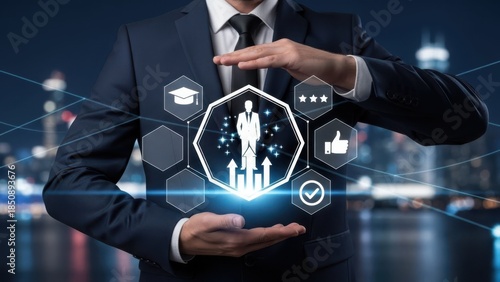 Corporate Mentorship Shield: Businessman Protecting Rising Talent Icon with Education and Career Success Metrics