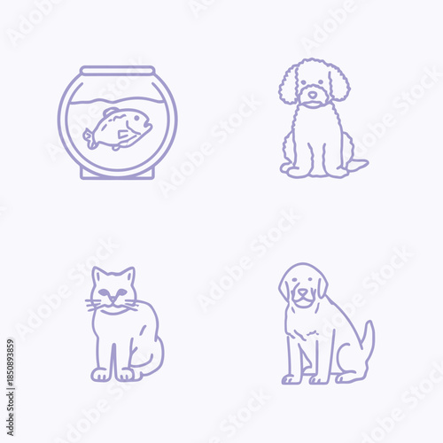 Outlined pet icons fish poodle cat labrador symbolizing animal companions
