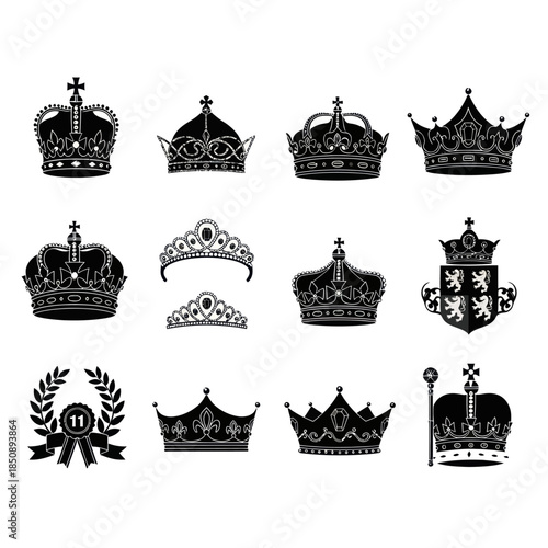 Collection of Royal Crowns and Heraldic Emblems in Silhouette.