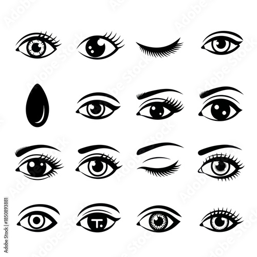 Collection of stylized eye illustrations in black and white.