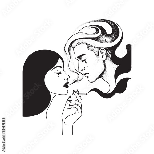 Surreal Line Art Illustration of a Woman Smoking a Cigarette with Smoke Forming a Man's Face Kissing Her Forehead Concept of Loss and Memory
