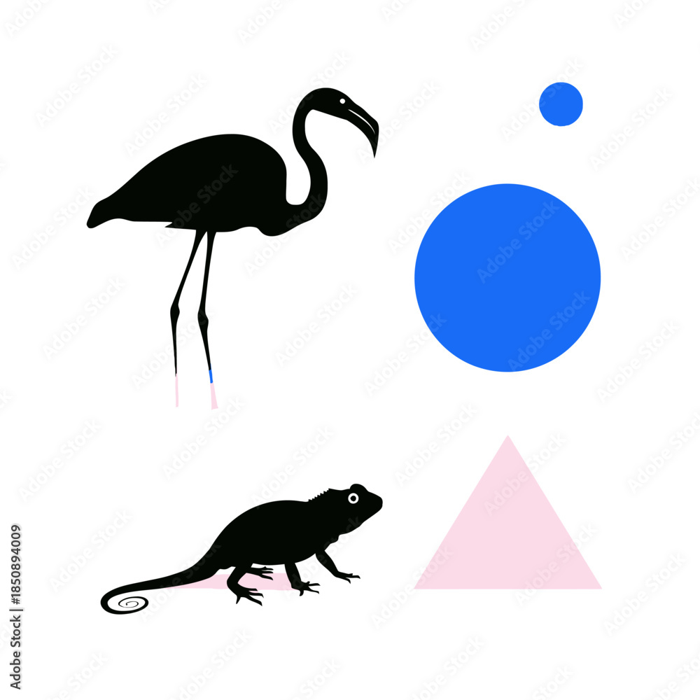 Naklejka premium Stylized flamingo and lizard silhouettes with geometric shapes on white