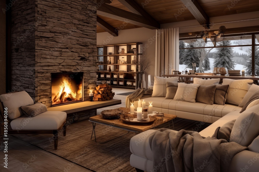Obraz premium Warm and inviting living room with a burning fireplace, candles, and a snowy mountain view through a large window, creating a cozy winter atmosphere