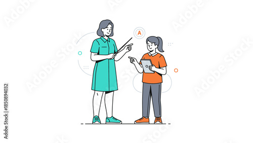 illustration of a teacher and student engaging in a technology-based educational activity in a
