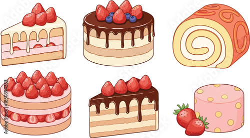 Set of flat vector illustrations featuring strawberry cakes chocolate drizzle sponges and sweet Swiss rolls for dessert menus