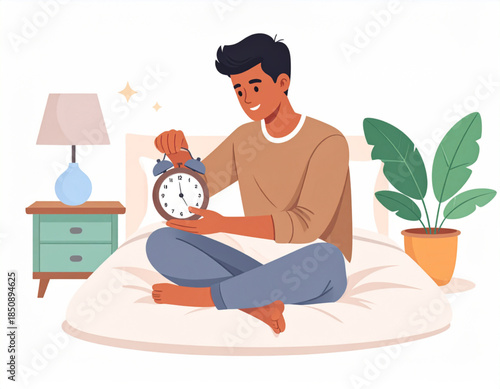 A smiling man sits cross-legged on his bed, holding and setting an alarm clock in a cozy bedroom scene.