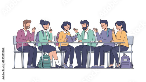 diverse group of students sitting on a bench engaging in lively discussion during a campus event