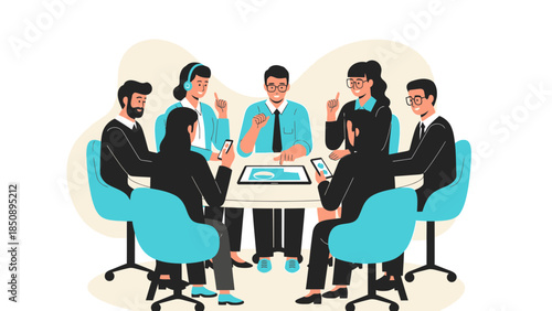 Team of professionals engaging in a collaborative business meeting discussion around a table with