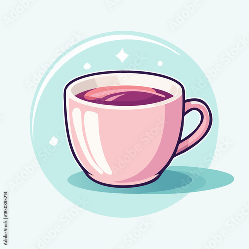 A cartoon illustration of a pink teacup filled with a dark liquid, set against a light blue background.